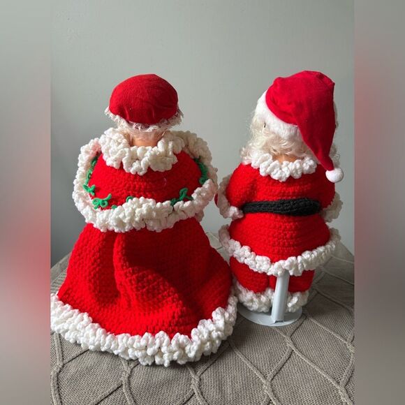 VTG Santa Mrs. Claus Crochet Dolls Festive Christmas Cheery Retro Vintage Red - Picture 5 of 9